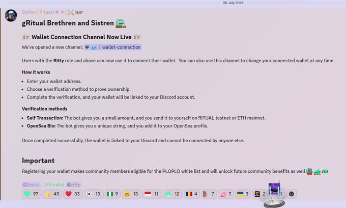 Discord message from Stefan | gRitual posted 08 July 2026 announcing a 'Wallet Connection Channel Now Live' with verification methods (Self Transaction, OpenSea Bio) for linking crypto wallets to Discord accounts.