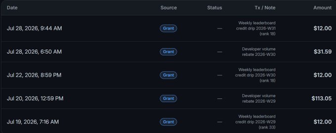 A financial dashboard showing a transaction history from 'Grant' source in July 2026, listing weekly leaderboard credit drips of $12.00 and developer volume rebates of $31.59, $113.05, and $12.00.