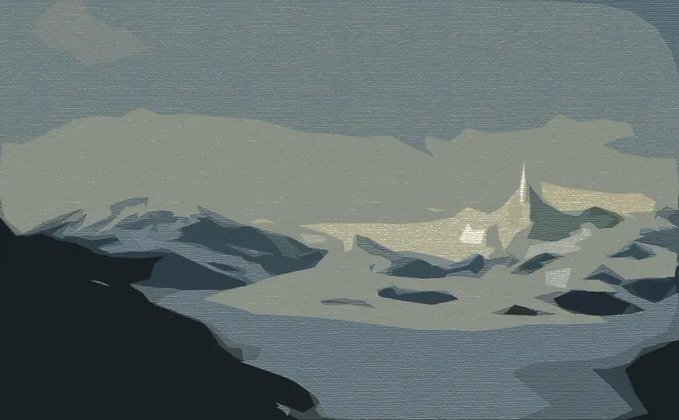 A digital painting showing a stylized, geometric landscape of snow-capped mountains under a textured, dark sky.