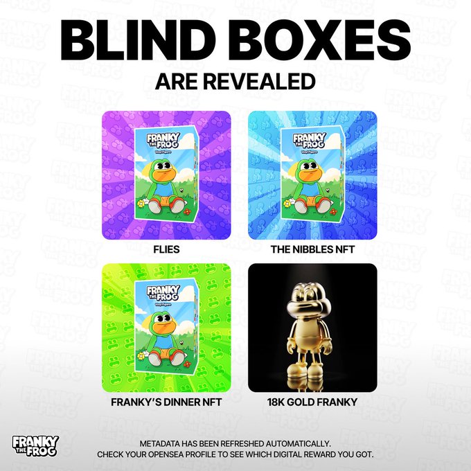 An advertisement for 'Franky the Frog' blind boxes revealing four possible rewards: Flies, The Nibbles NFT, Franky's Dinner NFT, and 18K Gold Franky.