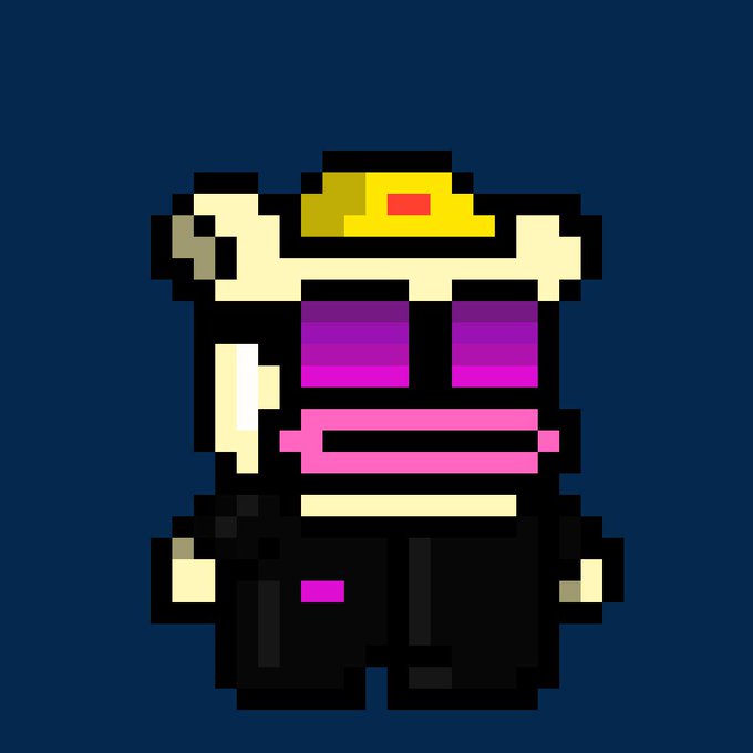 A pixel art image of a character wearing a crown, purple sunglasses, and a pink tie, fitting the post's announcement about a checker going live and the upcoming mint of an ARC collection on OpenSea.