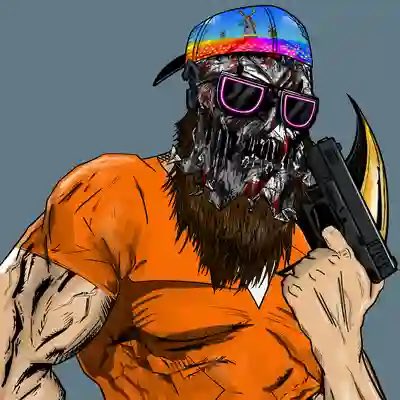 A digital illustration of a bearded man wearing a rainbow cap and sunglasses holding a gun, featuring a metallic mask and an axe.