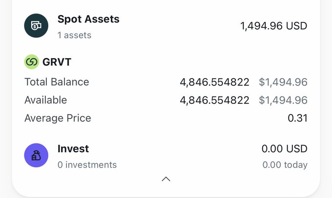 A crypto wallet screenshot displays a Spot Assets balance of 1,494.96 USD containing 4,846.554822 $GRVT tokens at an average price of 0.31, with an empty Invest section showing 0.00 USD. The image visually confirms the post's claim of receiving an airdrop of 4,846 $GRVT tokens directly to the account.