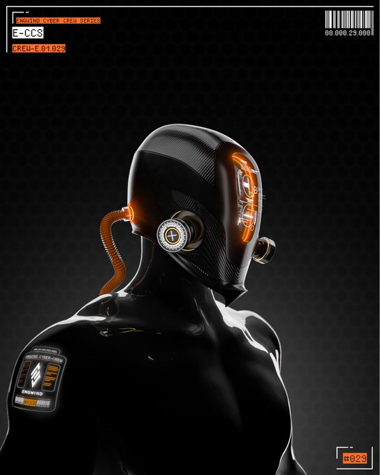 A digital render of a glossy black humanoid figure with a carbon-fiber textured head, featuring an orange glowing display on the face and an orange hose, with text including 'E-CC8', 'CREW-E 01.02%', and '#029' on a dark background.