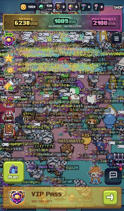 A screenshot of the MOG mobile game showing a crowded pixel-style lobby with player names and icons, displaying balances of "1355" coins, "120" gems, and "623B USD" weekly earnings, alongside a "VIP PASS" banner at the bottom—supporting the post about playing MOG on mobile and collecting corn for a whitelist chance.