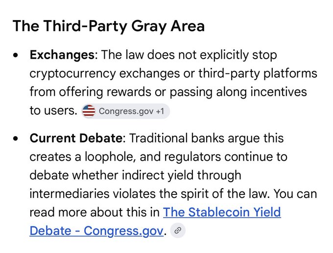A text section titled "The Third-Party Gray Area" discussing how cryptocurrency exchanges and third-party platforms can offer rewards under current law, referencing "The Stablecoin Yield Debate - Congress.gov."