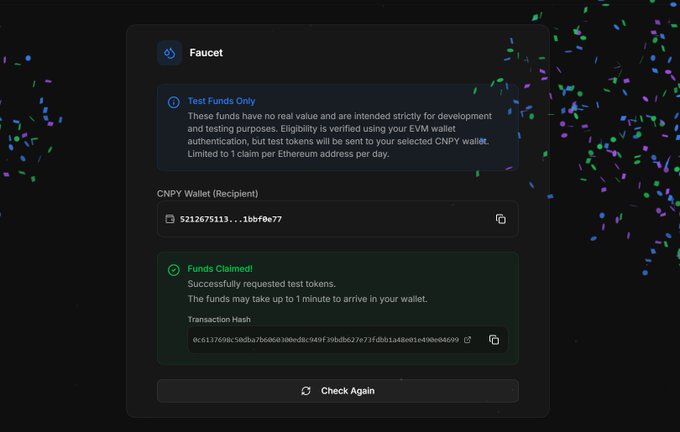 The image shows a computer screen displaying a chat window with text related to the CNPY faucet tokens. The main message of the chat window reads "These funds are not real. They're intended solely for development purposes". A screenshot of an E-Crypto network is also shown, emphasizing the concept of digital currency and token pools. There is also a link provided in the image, directing users to join Canopy Discord to learn more about CNPY faucet tokens and how they can be used to purchase digital coins for building their own blockchain pool.