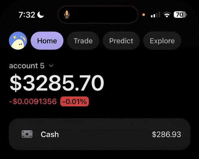 The image shows a mobile app screen (likely Robinhood) displaying an account balance of **$3,285.70** with a slight decrease of **-$0.0091356 (-0.01%)** and **$286.93** in cash, under "account 5." 

In relation to the post's promotion of a memecoin airdrop (where users are asked to send their SOL address), this screenshot appears to be used as "proof" of funds — but the modest balance and minimal holdings raise skepticism, and the request to send SOL wallet addresses is a common tactic in crypto giveaway/airdrop scams.