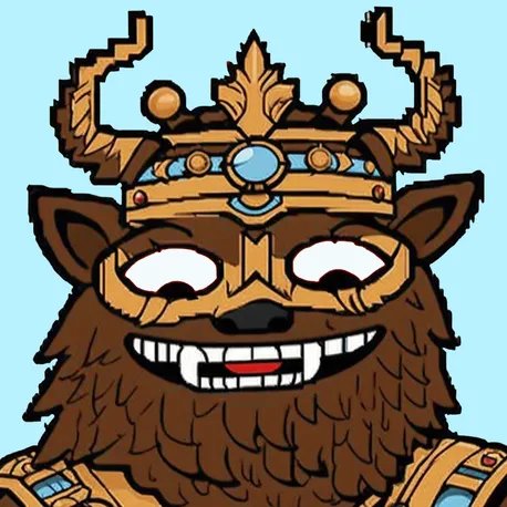 Pixel-art style illustration of a brown, bear-like creature wearing an ornate golden crown with antlers and a blue gem.