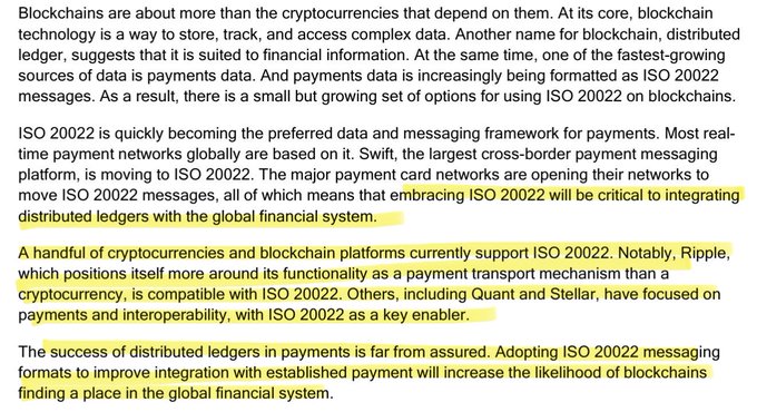 The image shows highlighted text from an article discussing how ISO 20022 messaging standards are becoming critical for blockchain integration with global payment systems, specifically mentioning Ripple, Quant, and Stellar as cryptocurrencies supporting ISO 20022. The highlighted sections emphasize that embracing ISO 20022 is crucial for connecting distributed ledgers with the financial system, supporting the caption's claim that ISO 20022 will drive utility token narratives.