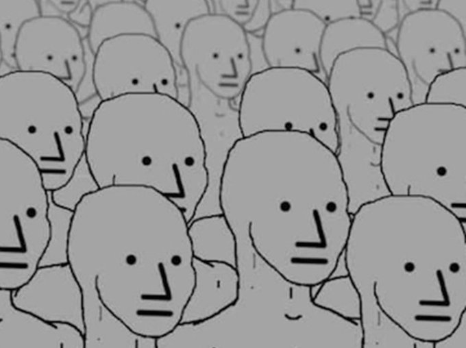An illustration of a dense crowd of identical, expressionless grey humanoid figures with simple dot eyes and line mouths, evoking a sense of anonymity and uniformity.