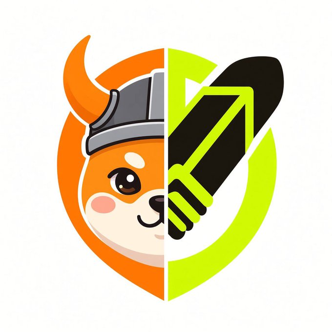 A logo featuring a split design: the left side shows an orange Shiba Inu dog wearing a viking helmet on an orange circle, while the right side shows a black crayon on a neon green half-circle.