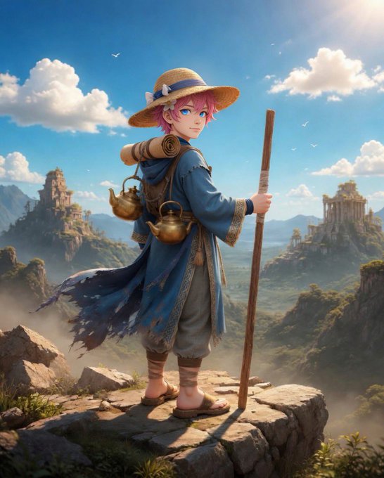 The image features a girl dressed as a wizard standing on top of a cliff with her back facing the camera. She has a hat on her head, and she holds a stick in one hand while wearing a backpack on her shoulders. The background shows mountains under a blue sky with clouds. There is also text that reads "Good morning champs Let have some recap @useTria simplifies Web3 by unifying payments, trading, and multichain use into one smooth, everyday experience. @quipnetwork builds future-ready security, preparing blockchain systems for post-quantum risks and stronger digital trust."