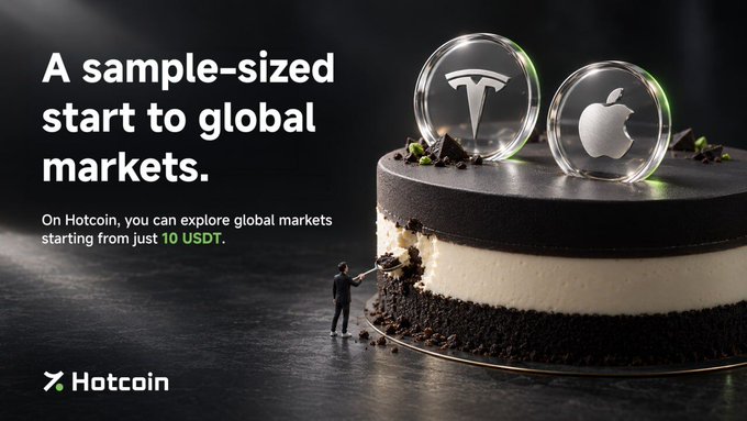 A Hotcoin advertisement reading 'A sample-sized start to global markets' featuring a small figure looking up at a large cake topped with Tesla and Apple icons, noting access from 10 USDT.