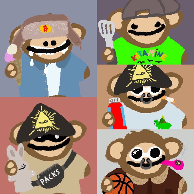 A collage of five cartoonish bear characters with exaggerated smiles in various outfits, including one with a 'VITAMINE' shirt and another wearing a 'PACKS' satchel.