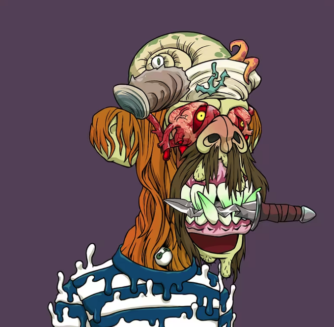 A grotesque cartoon bust of a bearded pirate-like figure with exposed brain matter, a spiked knife through the mouth, and a duck bill for a nose, on a purple background.