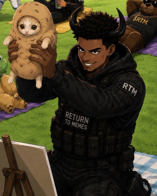An anime-style illustration shows a man with horns wearing a black hoodie and tactical vest labeled 'RTM' and 'RETURN TO MEMES', holding up a cat wrapped in a cookie/potato costume, with a teddy bear labeled '$RTM' visible in the background.