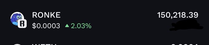 A cryptocurrency ticker for RONKE shows a price of $0.0003 with a 2.03% increase, alongside a value of 150,218.39.
