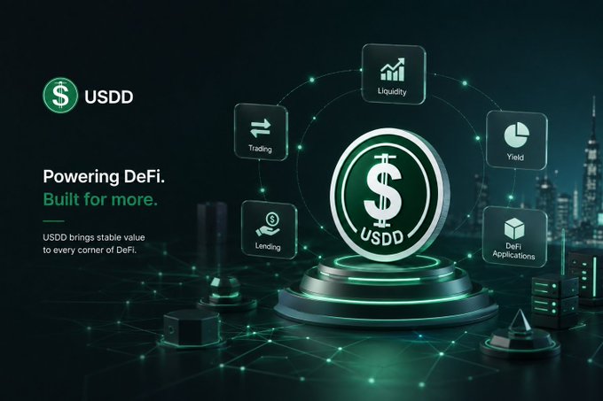 A promotional image for USDD stablecoin titled 'Powering DeFi. Built for more.' with a central glowing coin on a podium surrounded by icons representing Liquidity, Trading, Yield, Lending, and DeFi Applications.