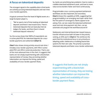 A document page titled 'A focus on tokenized deposits' discussing banking trends and stablecoins, mentioning percentages and policy testing.