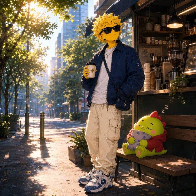 An anime-style illustration of a yellow-haired character wearing sunglasses and holding a coffee cup, standing near a café bench where a small green dinosaur-like creature is sleeping with 'zzz' above it.