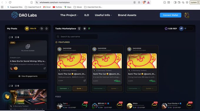 A screenshot of the DAO Labs platform showing a Tasks Marketplace with featured 'Somii The Cat' tasks and a navigation menu including 'The Project', 'ILO', and 'Useful Info'.