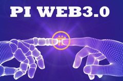 The image shows "PI WEB3.0" displayed prominently at the top against a purple background, with two digital wireframe hands reaching toward each other around a glowing Pi coin symbol, symbolizing the peer-to-peer digital economy described in the accompanying Pi Network post.