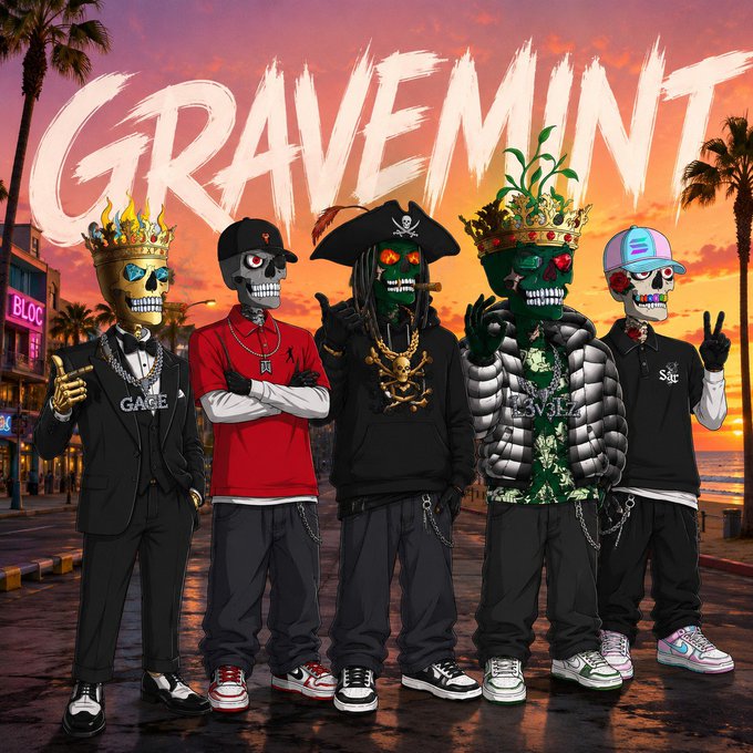 A colorful illustration titled "GRAVEMINT" showing five skeleton characters wearing crowns and streetwear on a sunset boulevard with palm trees.