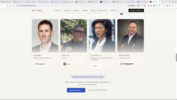A webpage screenshot from ETHParis showing speaker profiles including Kevin Roti (Head of Institutional & Crypto at Galasquare), Raven S. (Partner at Zoash), Vera Bikiwa (Ministry of Economic Development & Technology), and Buki Adeslu (COO & Co-Founder at Yoseyomo), with an 'Apply to Speak' button.