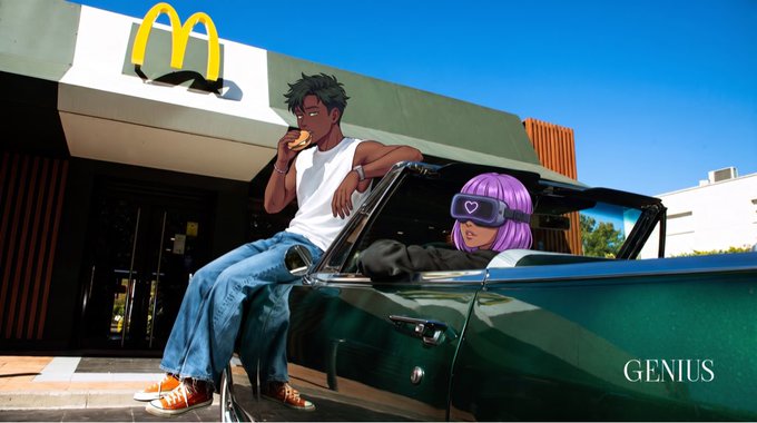 An anime-style promotional image shows a dark-skinned character in a white tank top and jeans eating at McDonald's while leaning on a green convertible, where a pink-haired character wearing heart sunglasses sits inside; the word 'GENIUS' appears in the bottom right.