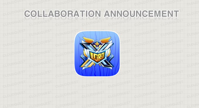 A 'COLLABORATION ANNOUNCEMENT' banner with a CloudQuest watermark features a blue app icon for 'UCR' with an angular, winged emblem design.