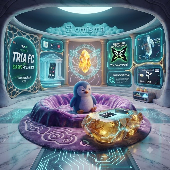 A futuristic sci-fi scene featuring a cute penguin character sitting on a purple cushion in a high-tech room with holographic displays advertising 'TRIA FC' with a $15,000 prize pool, 'Tria Smart Pool', and 'Quantum for Everyone'.