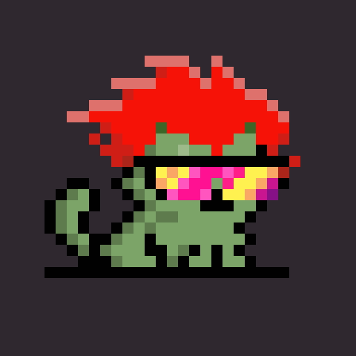 A pixel art image of a green creature with a red spiky hairdo wearing colorful shutter shades sunglasses.