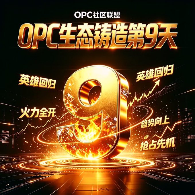 A promotional graphic with golden fiery text reading "OPC社区联盟" and "OPC生态铸造第9天" featuring a large 3D golden number "9" surrounded by flames, with smaller text reading "英雄回归", "火力全开", "趋势向上", and "抢占先机".