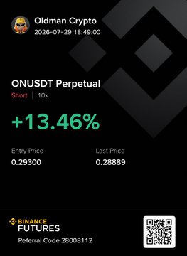 A Binance Futures screenshot shows "Oldman Crypto" opening a short position on ONUSDT Perpetual at 10x leverage with a +13.46% gain, entry price 0.29300 and last price 0.28889, aligning with the post about re-shorting ON.