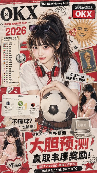 OKX promotional poster for FIFA World Cup 2026 predictions featuring an anime-style girl holding a soccer ball, with text reading 'FIFA WORLD CUP 2026', 'OKX', '大胆预测 赢取丰厚奖励!', and '0成本瓜分16.66个BTC'.