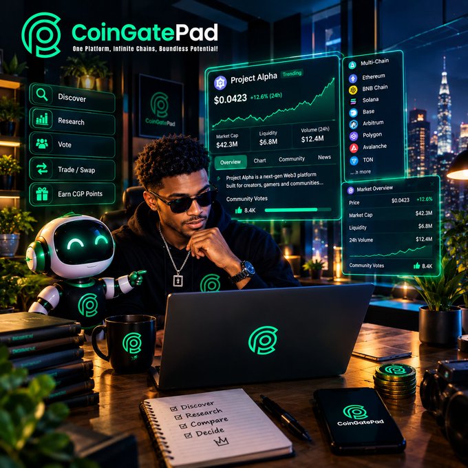 A CoinGatePad promotional graphic featuring a man with sunglasses and a robot looking at a laptop displaying 'Project Alpha' trending at $0.0423, with navigation menu options like Discover, Research, Vote, and Trade/Swap.