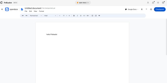 Screenshot of Polkadot's open-docs.xyz platform showing an 'Untitled document' Google Docs integration with the text 'hello Polkadot' displayed on the page.