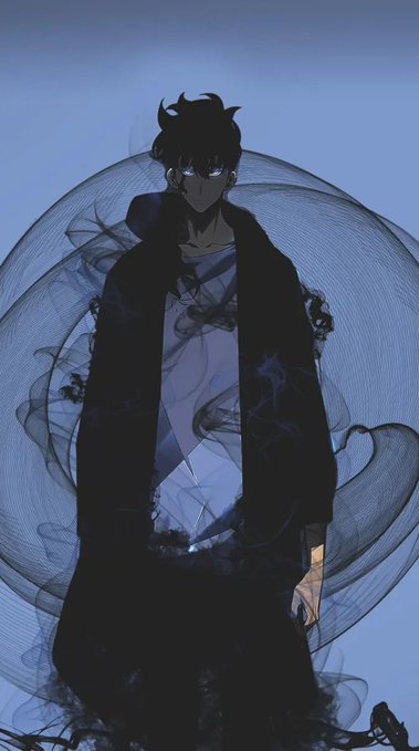 An anime-style illustration of a dark-haired male character wearing a black coat with smoky effects around him, set against a light blue background.