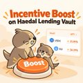 Digital advertisement banner titled 'Incentive Boost on Haedal Lending Vault' featuring a cartoon character on a skateboard and a 5x Bonus badge.
