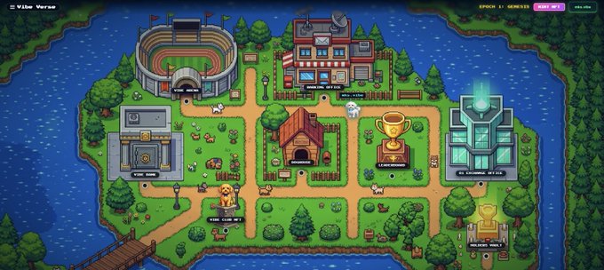 The image shows a pixel-art "Vibe Verse" hub from a video game, featuring an arena, ranch, bank, courtroom, casino, trophy room, and "The Lion's Den" connected by paths on a grassy island surrounded by water, with "$VIBE $1 + GENESEE" displayed in the top-right. The whimsical town map visually reinforces the post's message that "$Vibe was never just a meme," suggesting the crypto project has grown from internet joke into a fully realized ecosystem with real venues and stakes.