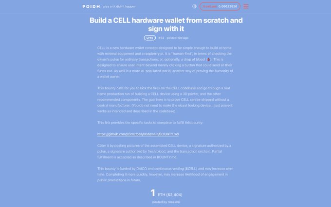 The image shows a bounty page from POIDH offering 1 ETH ($2,404) for building and demonstrating a CELL hardware wallet from scratch using a 3D printer and Raspberry Pi, as detailed in the project description by "ross.wei" posted 1d ago.