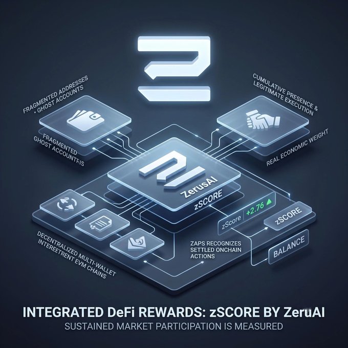 A promotional graphic for "INTEGRATED DeFi REWARDS: zSCORE BY ZeruAI" showing a 3D diagram of connected blockchain layers with zScore +2.76 and labels like "FRAGMENTED ADDRESSES - GHOST ACCOUNTS" and "DECENTRALIZED MULTI-WALLET INTERETEMENT EVM CHAINS".