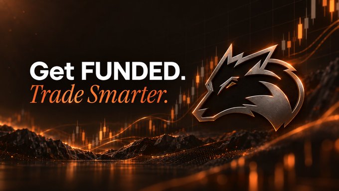 A promotional graphic displays 'Get FUNDED. Trade Smarter.' alongside a metallic wolf head logo and financial candlestick charts on a fiery orange background.