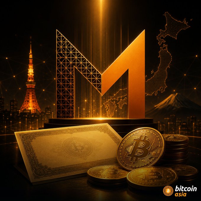 A promotional graphic from 'bitcoin asia' featuring a golden 'M' logo, Tokyo Tower, Mt. Fuji, and stacks of Bitcoin coins with a dollar bill in the foreground.