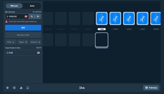 A Stake betting interface displays a 'Slate' game with five '$1000' tiles, a bet amount of $1000, and a warning stating 'Can't bet more than your balance!'