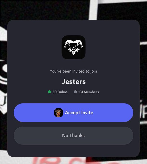 A Discord invite pop-up for a server called 'Jesters', showing 50 online and 181 members, with a jester mask icon and buttons to 'Accept Invite' or 'No Thanks'.