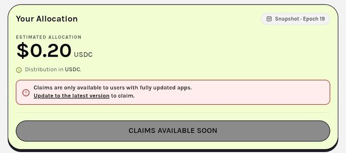 A cryptocurrency allocation screen showing $0.20 USDC distribution with a 'CLAIMS AVAILABLE SOON' button and a notice that claims require an updated app.