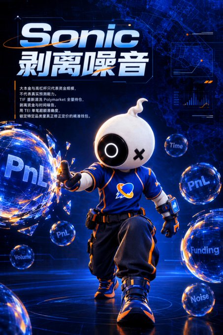 The image features a futuristic character in blue gear alongside floating spheres labeled "PnL," "Volume," "Time," "Funding," and "Noise," with prominent Chinese text reading "Sonic 剥离噪音" (Sonic: Strip Away the Noise).

The image visually reinforces the post's message by symbolizing the "noise" of surface-level metrics like PnL, volume, and funding rates—the flashy bubbles that distract from identifying true smart money. The title "剥离噪音" (Strip Away the Noise) directly mirrors the caption's argument that high PnL on leaderboards often reflects capital size and luck rather than genuine trading skill.