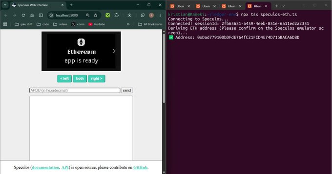 A Speculos web interface on the left displays an Ethereum app ready screen with "APDU" input fields and left/both/right button controls, while the terminal on the right shows `speculos.py` connecting to an Ethereum app on an `npx tsx speculos-eth.ts` script and displays a confirmed ETH address `0xDad77910B0DfDE764fC21FCD4E74D71bBACA60BD`. This visually demonstrates the post's point about real signature and device confirmation guardrails in action, showing the Speculos emulator requiring physical-like button confirmation before returning an address.